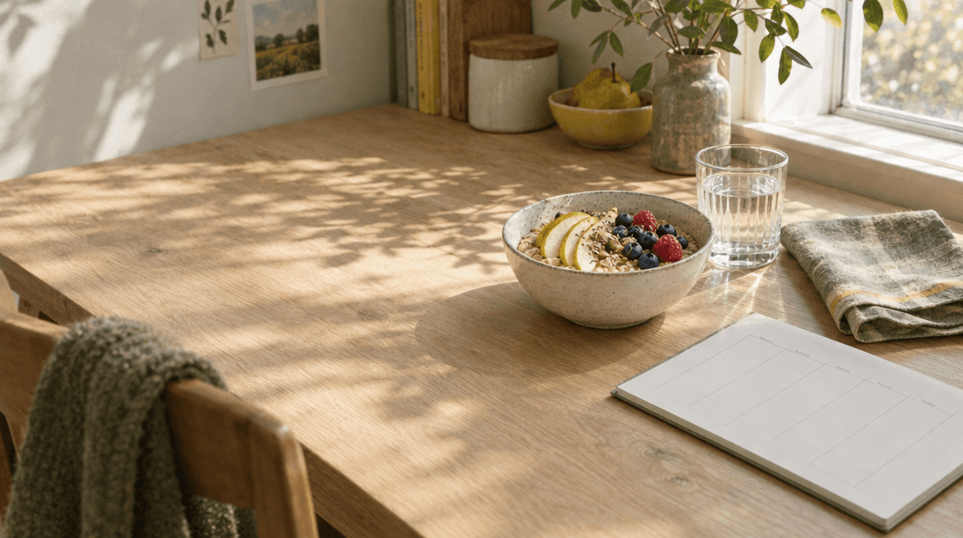 A simple bowl of oats, fruit and a glass of water in soft morning light